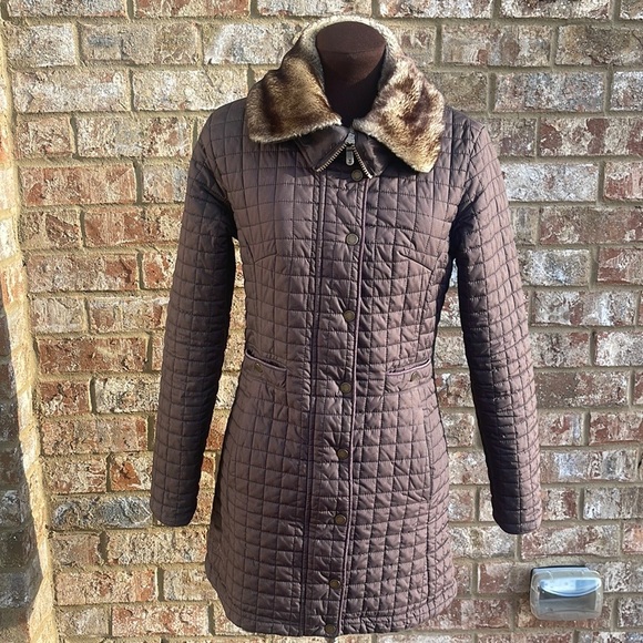 Dubarry of Ireland Quilted Faux Fur Collar Thigh Length Brown Jacket Size 4